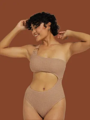 1 Piece Textured Shoulder Swimsuit - Tan