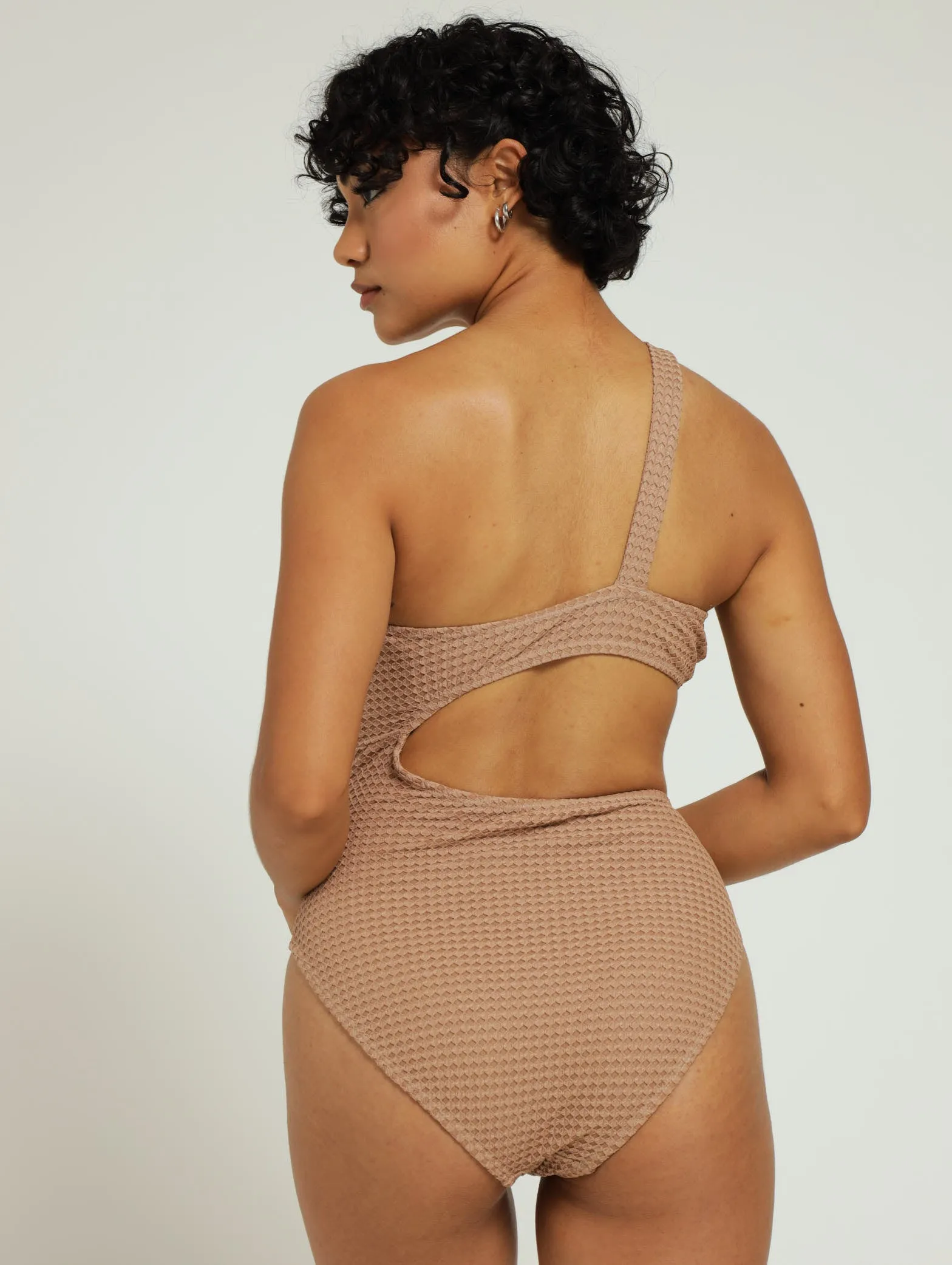 1 Piece Textured Shoulder Swimsuit - Tan