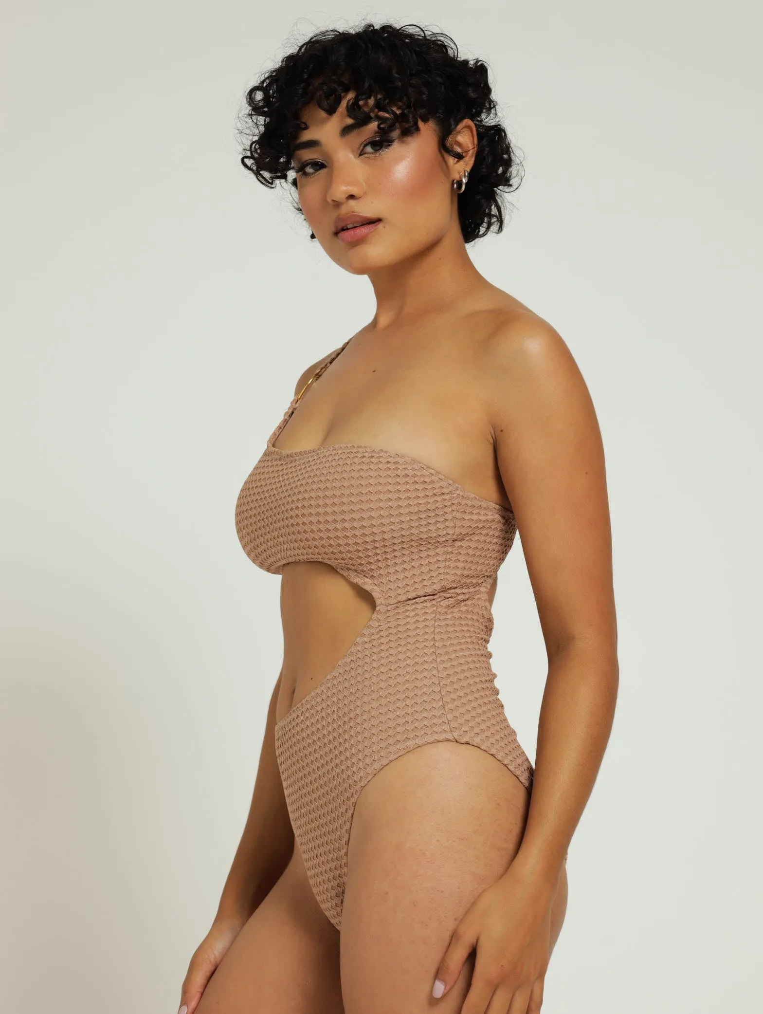 1 Piece Textured Shoulder Swimsuit - Tan