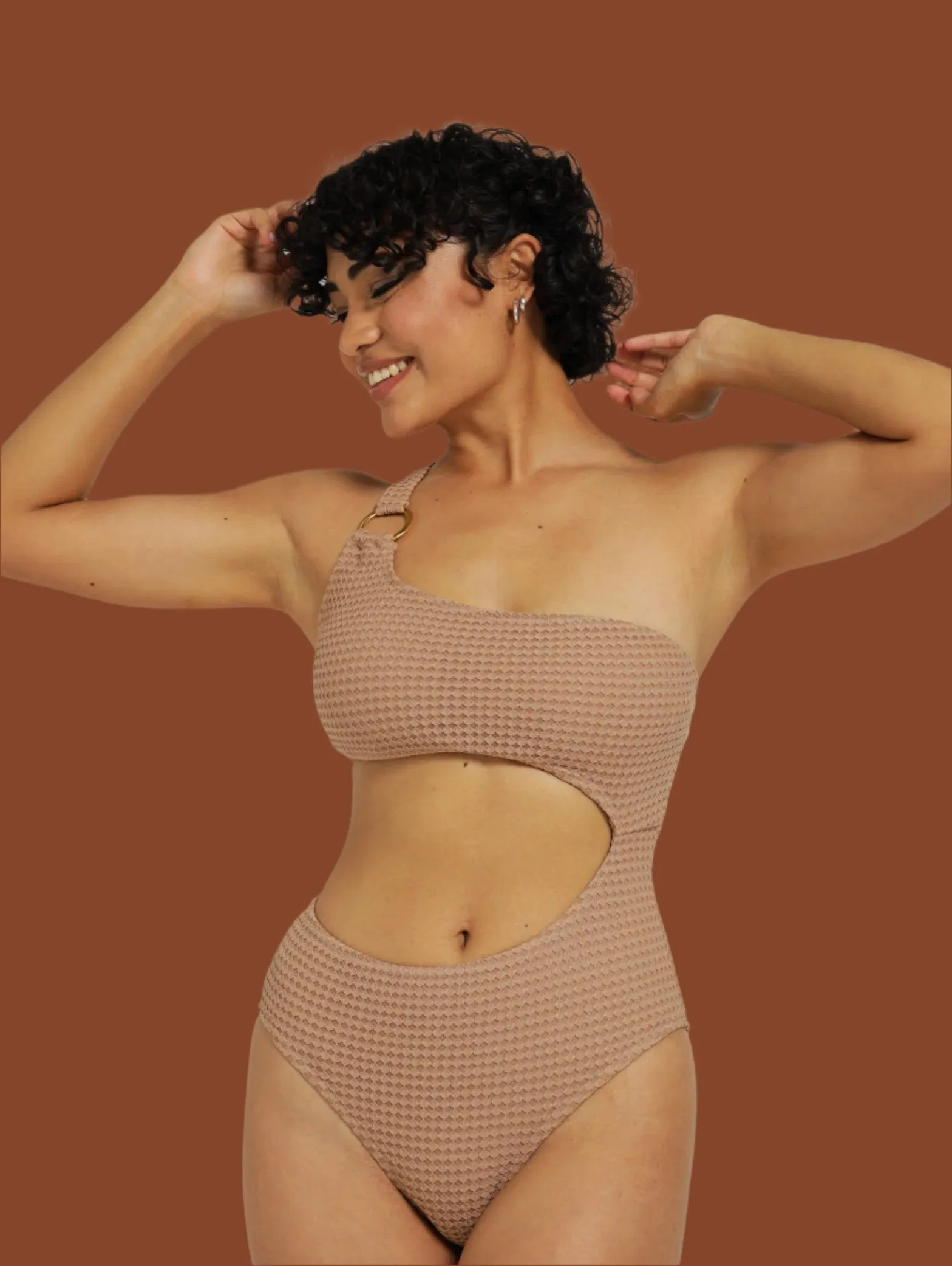 1 Piece Textured Shoulder Swimsuit - Tan