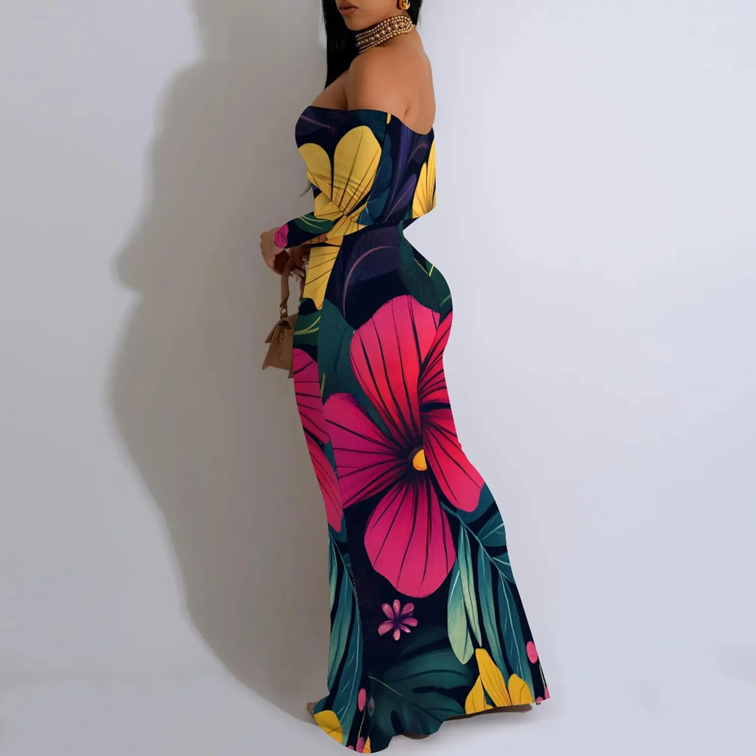 2024 Women's Casual Dress Tie Dye Sexy Maxi Off The Shoulder Long Sleeve Bodycon Backless Wrap Dresses