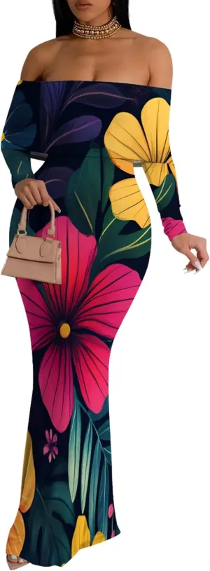 2024 Women's Casual Dress Tie Dye Sexy Maxi Off The Shoulder Long Sleeve Bodycon Backless Wrap Dresses