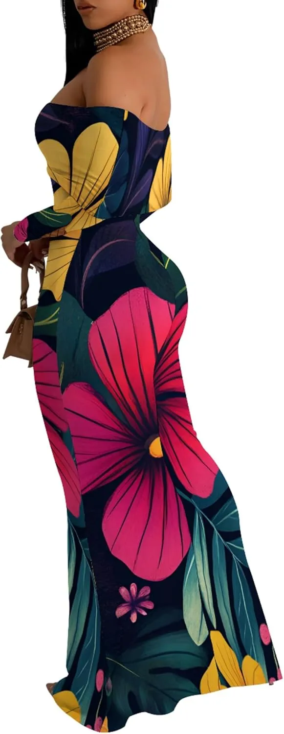 2024 Women's Casual Dress Tie Dye Sexy Maxi Off The Shoulder Long Sleeve Bodycon Backless Wrap Dresses