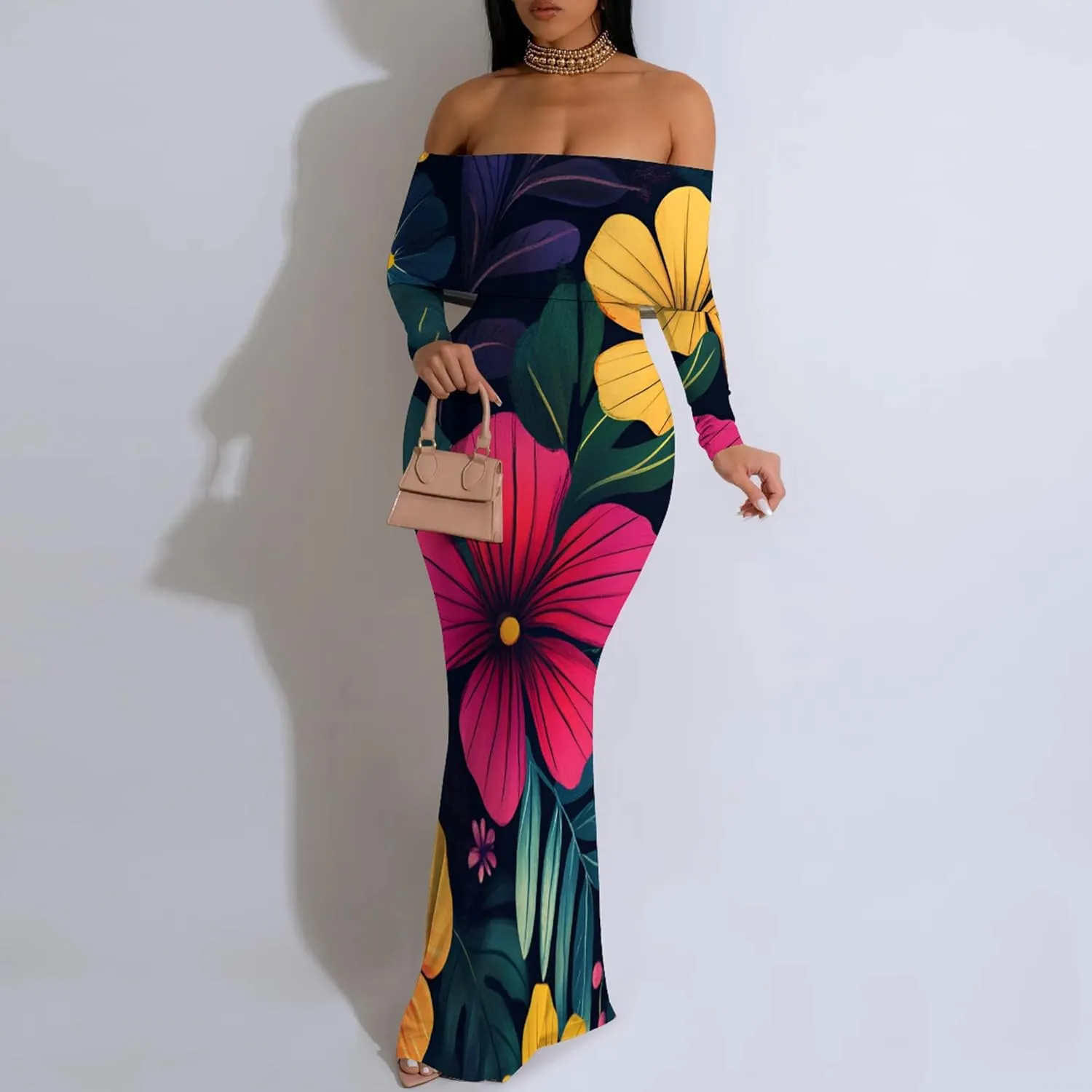 2024 Women's Casual Dress Tie Dye Sexy Maxi Off The Shoulder Long Sleeve Bodycon Backless Wrap Dresses