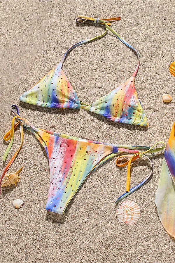 Abstract Print Stylish Strappy Rhinestones Three Pieces Swimwear