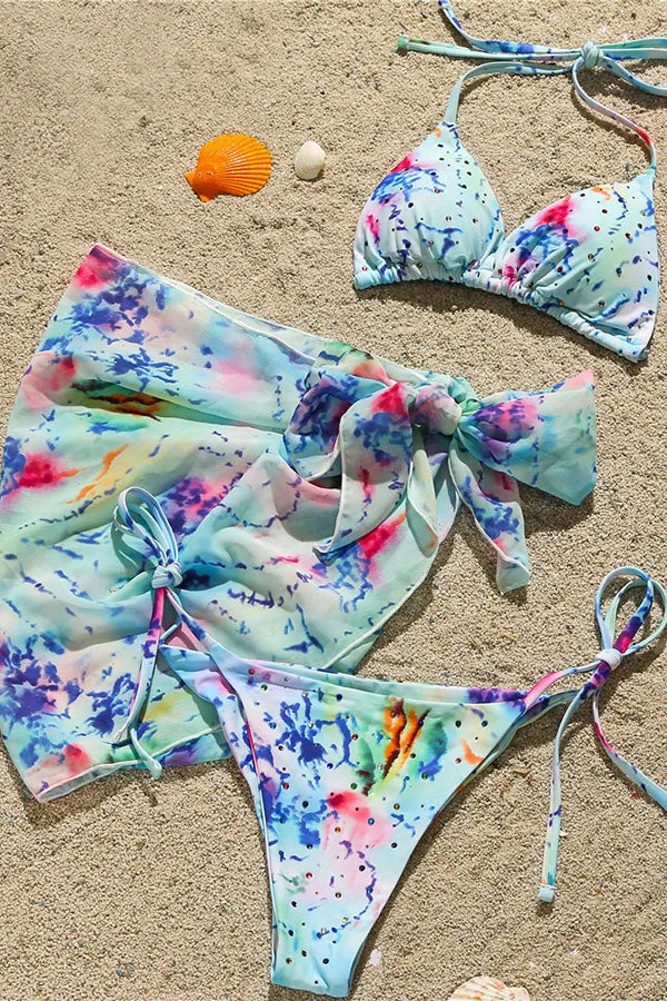 Abstract Print Stylish Strappy Rhinestones Three Pieces Swimwear