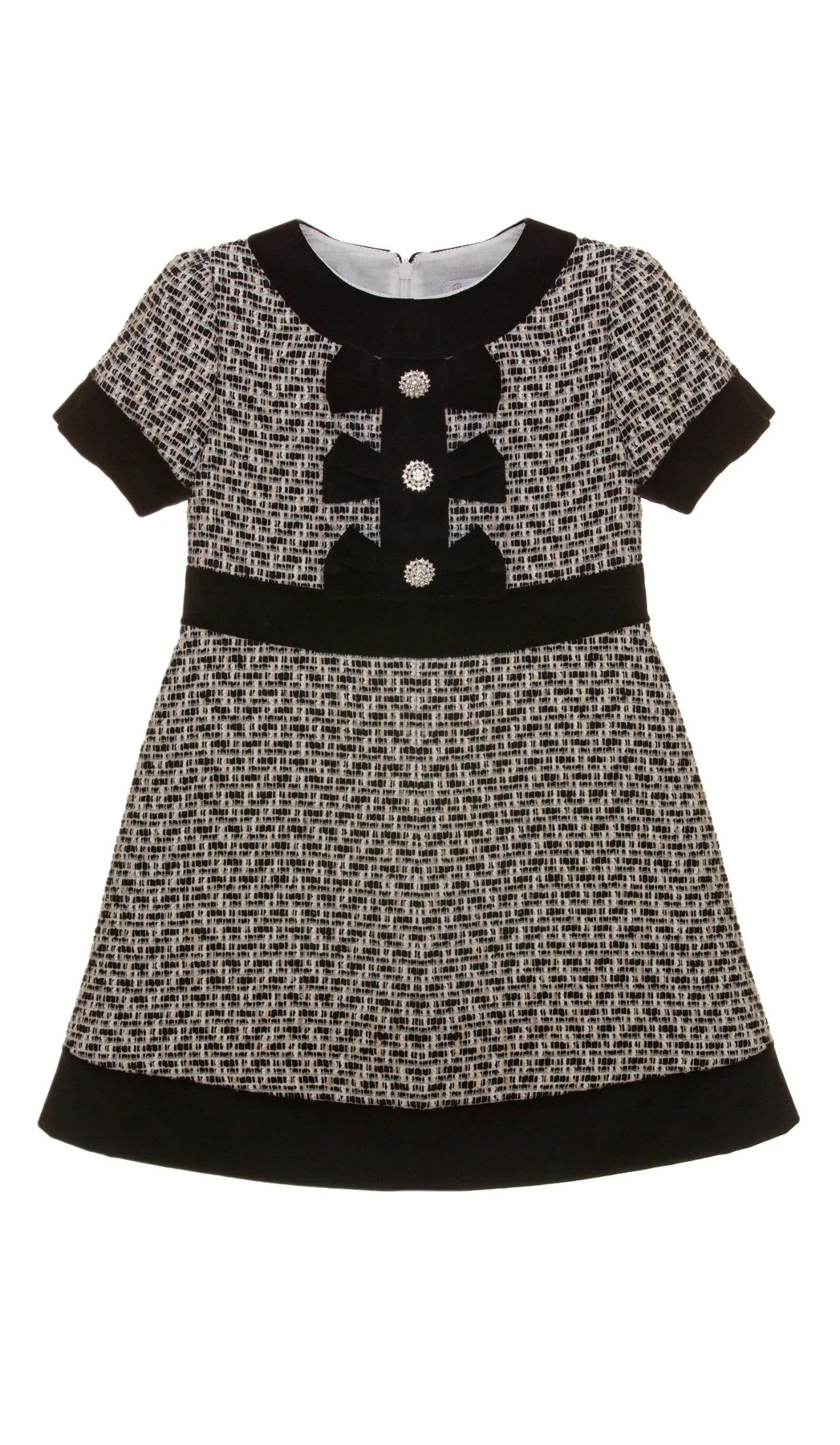 Beautiful girls Black and Ivory Tweed Dress with Bow details.