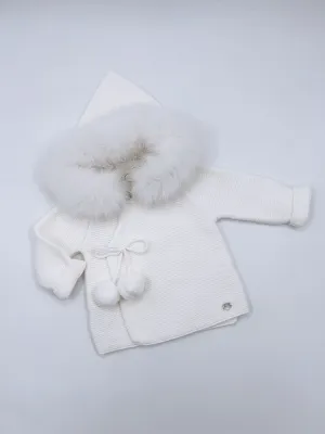 Beautiful Ivory/White knitted Cardigan with Luxurious fur trim.