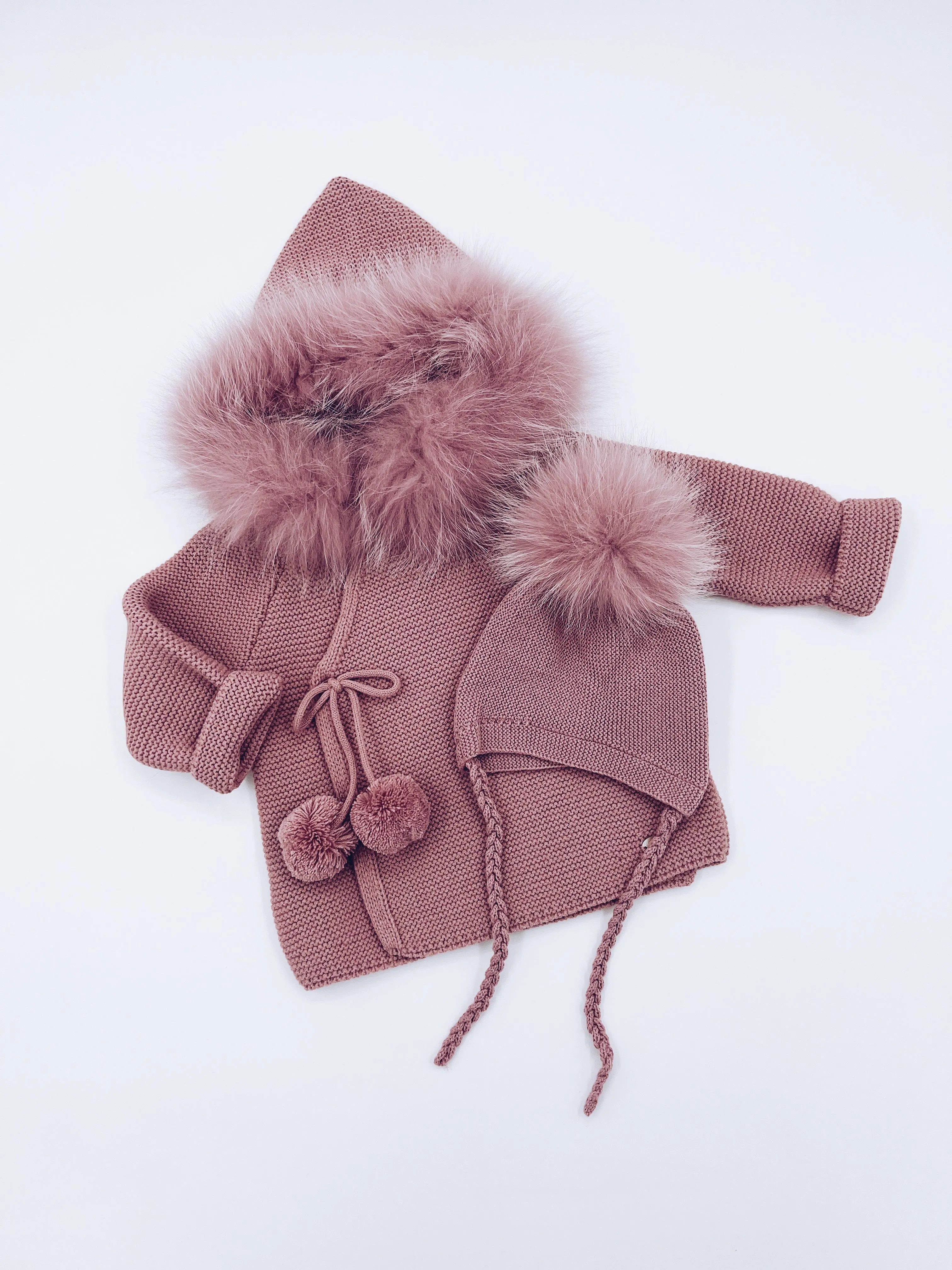 Beautiful Raspberry Pink knitted Cardigan with Luxurious fur trim.