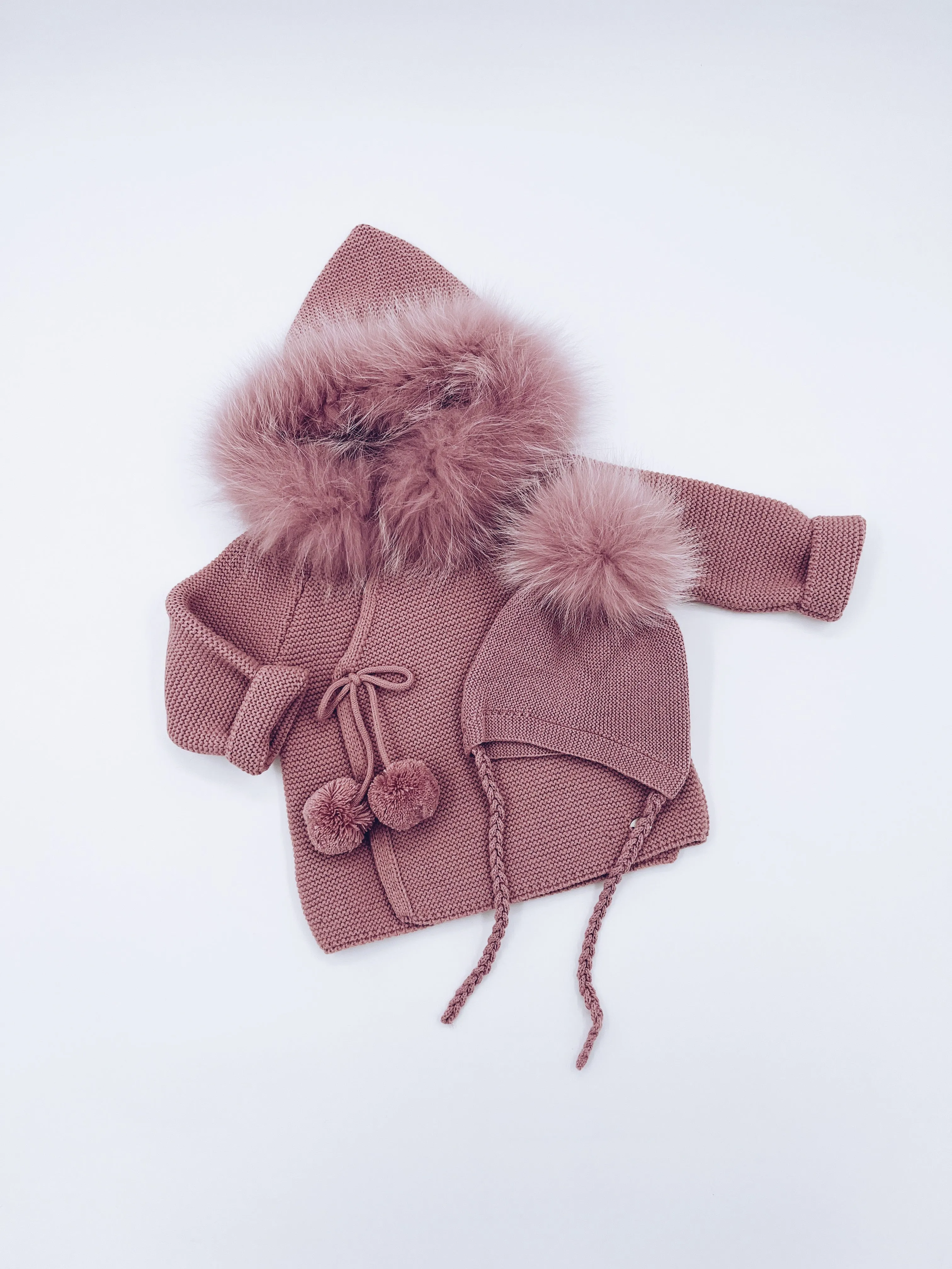 Beautiful Raspberry Pink knitted Cardigan with Luxurious fur trim.