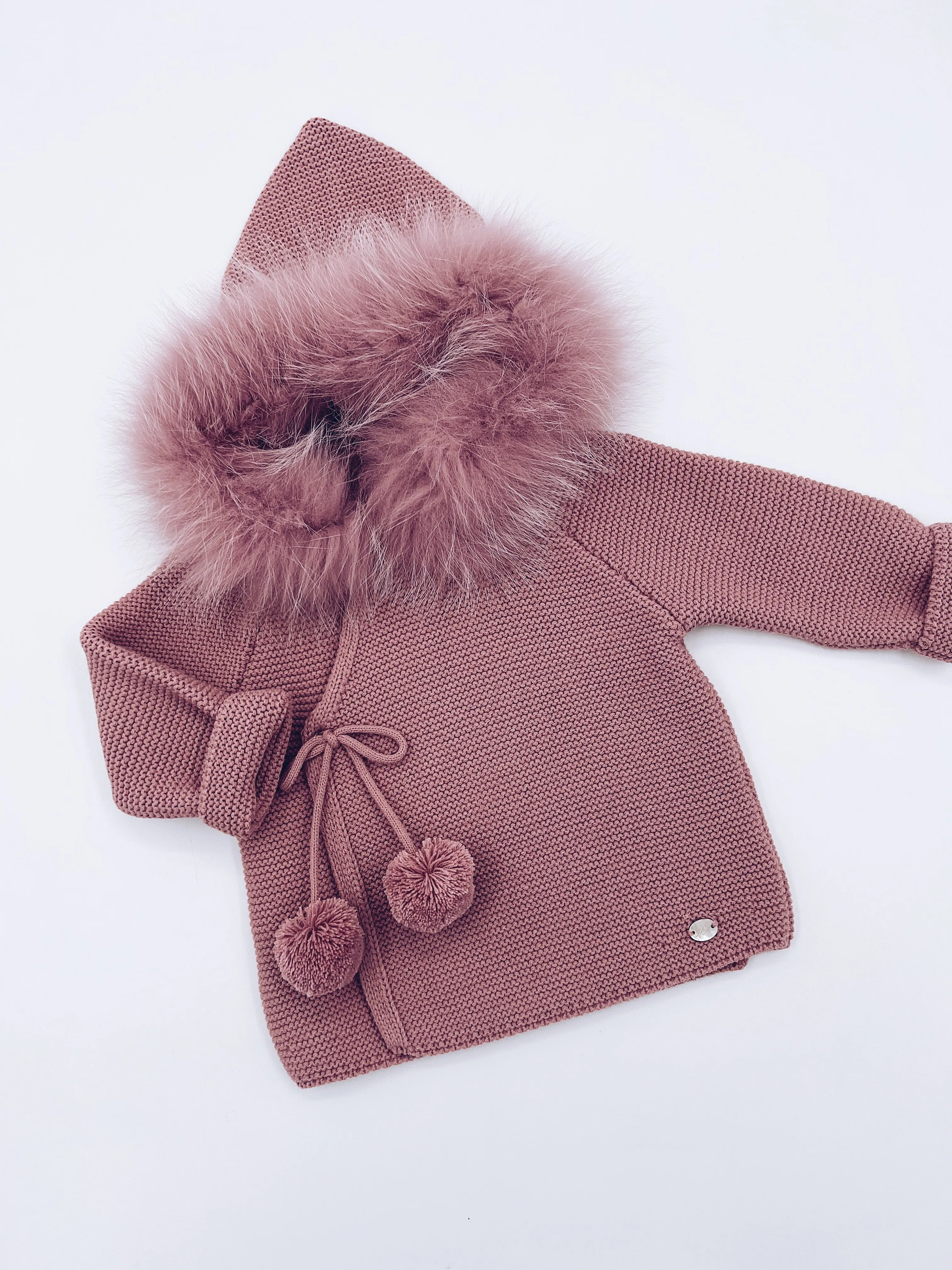 Beautiful Raspberry Pink knitted Cardigan with Luxurious fur trim.