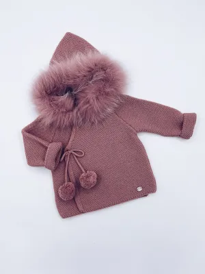 Beautiful Raspberry Pink knitted Cardigan with Luxurious fur trim.