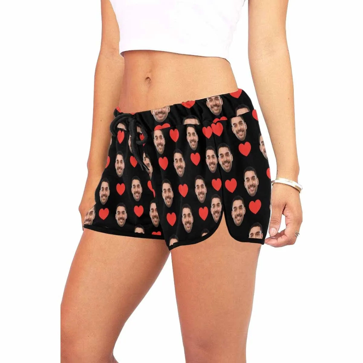 Custom Husband Face Red Heart Black Background Beach Board Shorts Swim Trunks Personalized Women's Casual Yoga Shorts