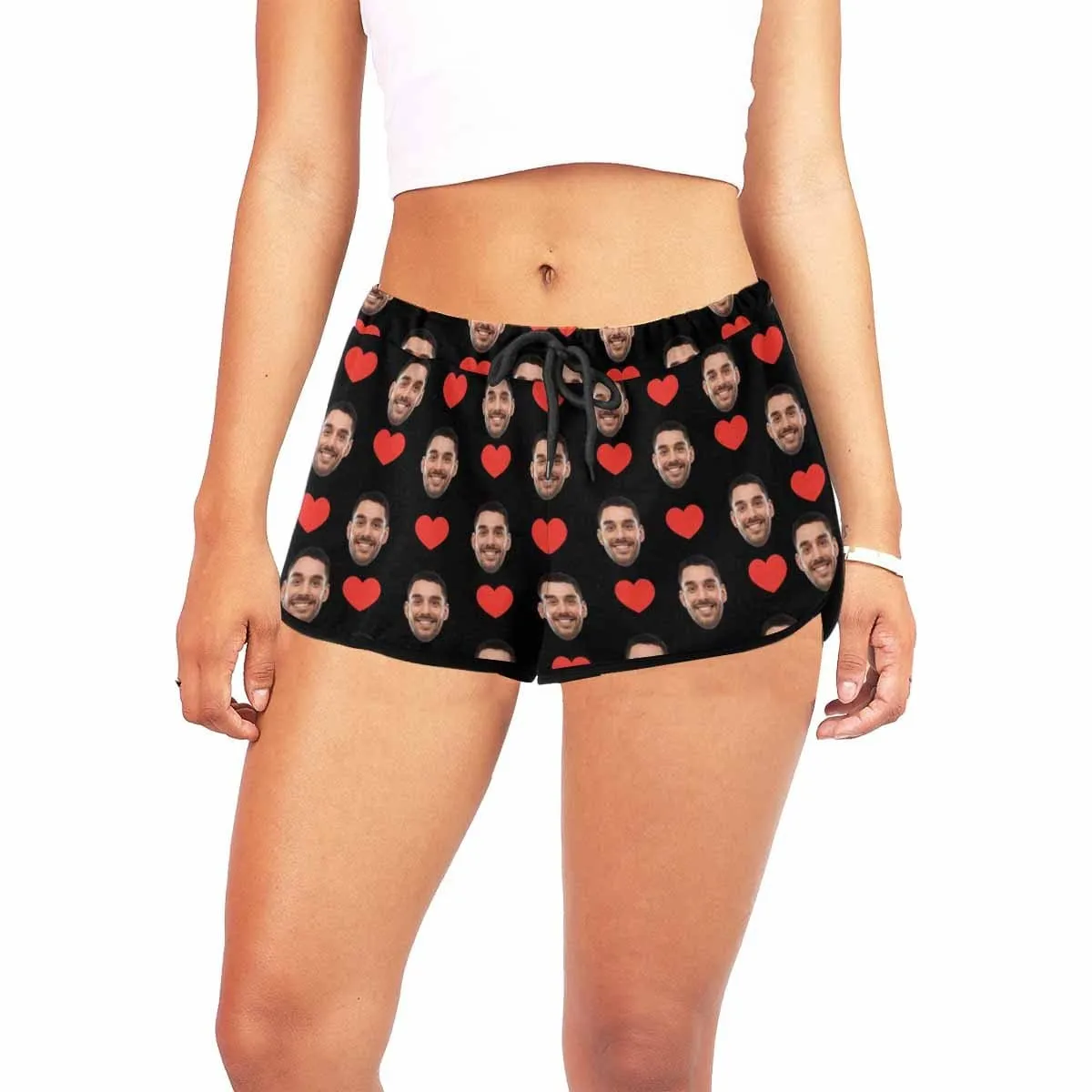 Custom Husband Face Red Heart Black Background Beach Board Shorts Swim Trunks Personalized Women's Casual Yoga Shorts