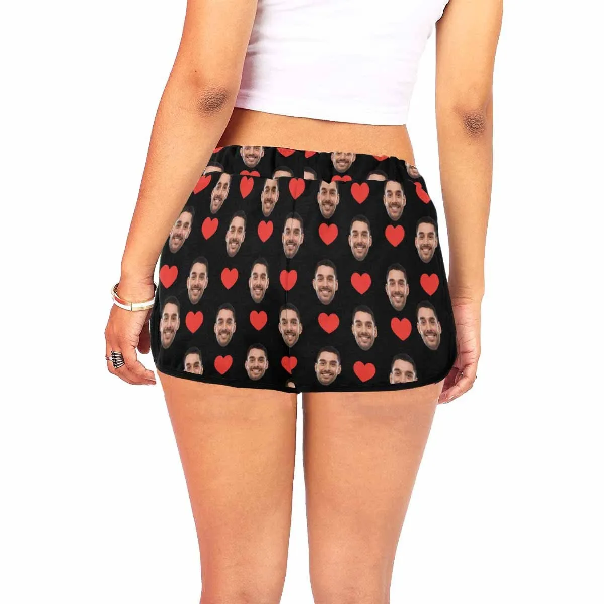 Custom Husband Face Red Heart Black Background Beach Board Shorts Swim Trunks Personalized Women's Casual Yoga Shorts