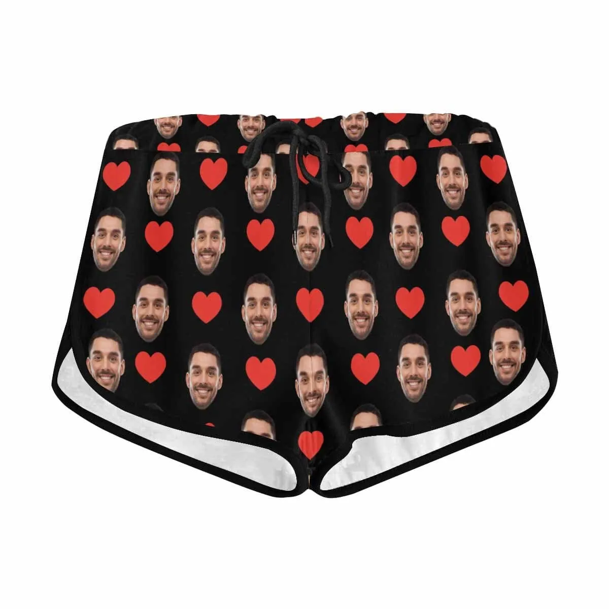 Custom Husband Face Red Heart Black Background Beach Board Shorts Swim Trunks Personalized Women's Casual Yoga Shorts