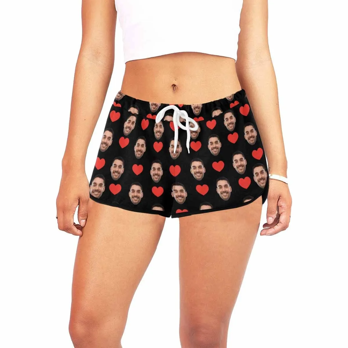 Custom Husband Face Red Heart Black Background Beach Board Shorts Swim Trunks Personalized Women's Casual Yoga Shorts