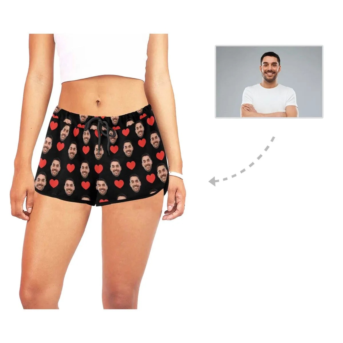 Custom Husband Face Red Heart Black Background Beach Board Shorts Swim Trunks Personalized Women's Casual Yoga Shorts