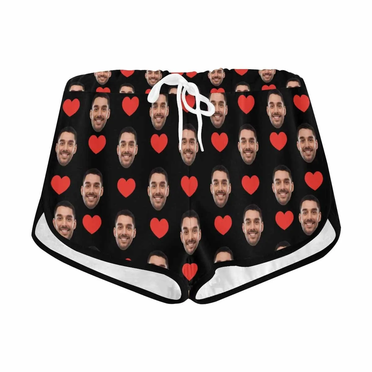 Custom Husband Face Red Heart Black Background Beach Board Shorts Swim Trunks Personalized Women's Casual Yoga Shorts
