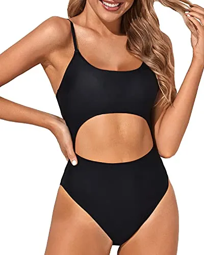 Cutout One Piece Swimsuit Lace Up High Cut Cutout Bathing Suits-Black