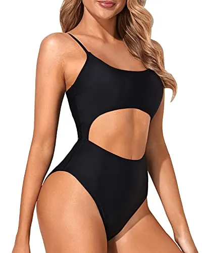 Cutout One Piece Swimsuit Lace Up High Cut Cutout Bathing Suits-Black