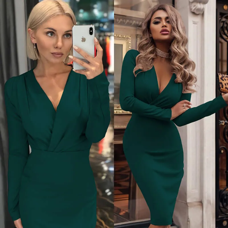 Deep V Neck Plain Rushed Bodycon Pencil Dress
