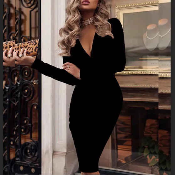 Deep V Neck Plain Rushed Bodycon Pencil Dress