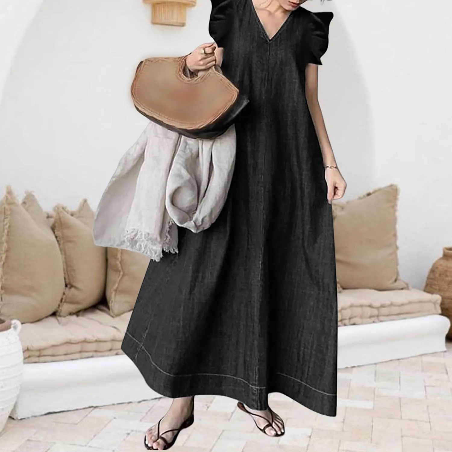 Denim Dress for Women Plus Size 2025 Sleeveless V Neck Dress Ruffle Flowy Maxi Dresses Oversized Denim Long Dresses