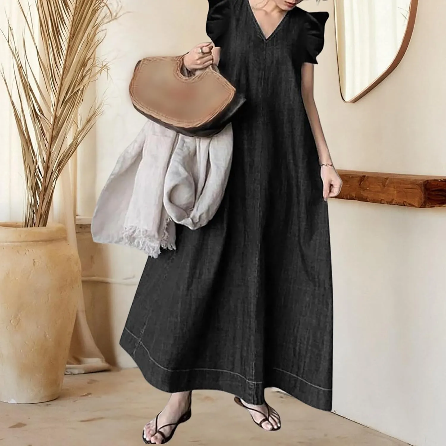 Denim Dress for Women Plus Size 2025 Sleeveless V Neck Dress Ruffle Flowy Maxi Dresses Oversized Denim Long Dresses