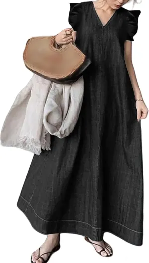 Denim Dress for Women Plus Size 2025 Sleeveless V Neck Dress Ruffle Flowy Maxi Dresses Oversized Denim Long Dresses