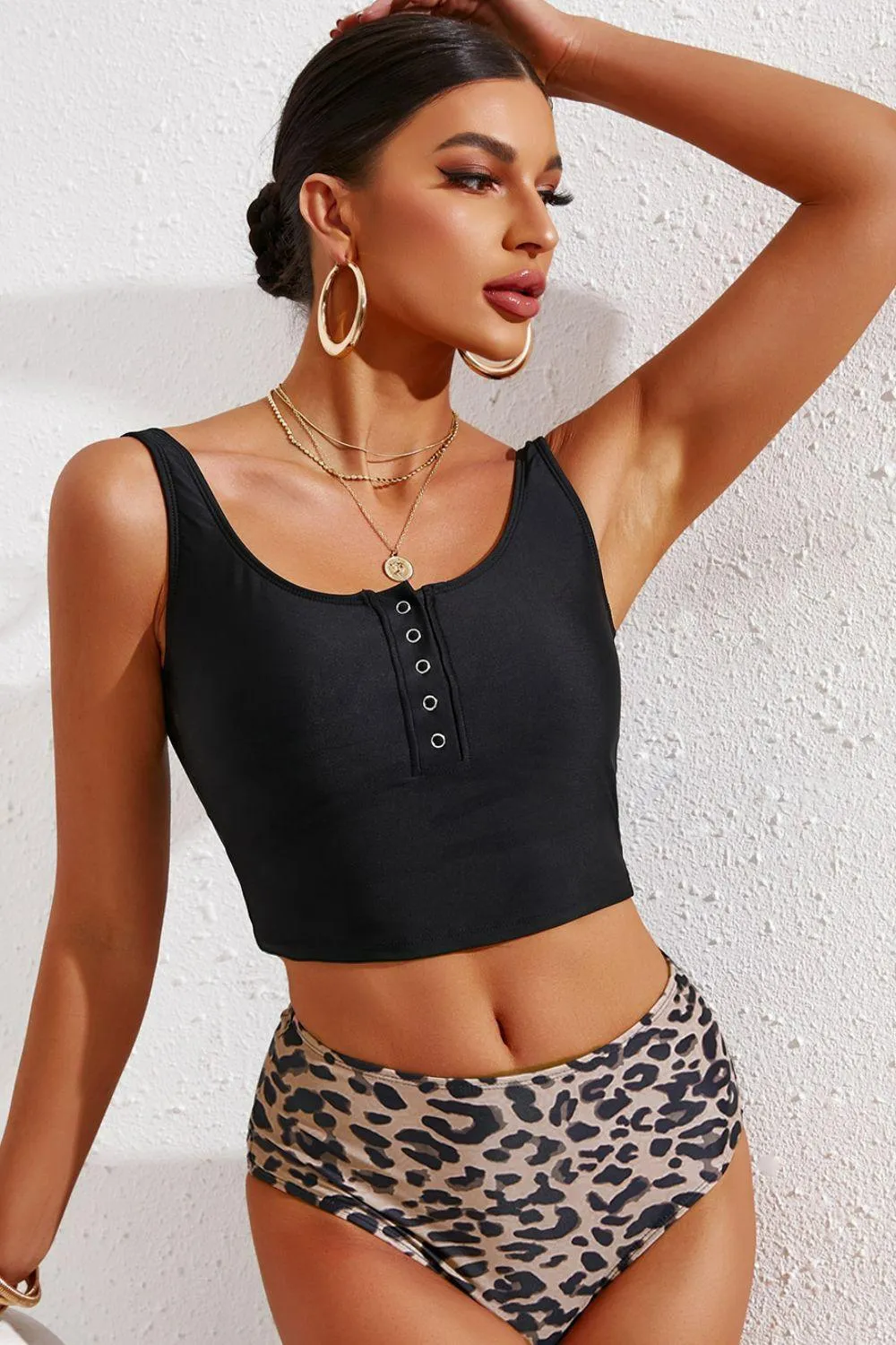 Enthusiastic Half Snap High Waisted Tankini Set