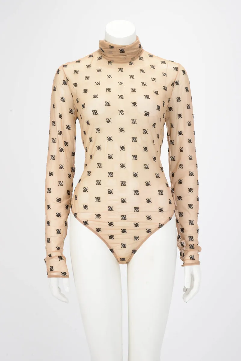 Fendi Beige Karligraphy Tulle Bodysuit IT 46