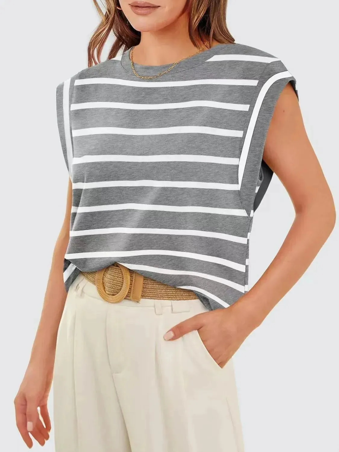 Florira Striped Round Neck Cap Sleeve T-Shirt