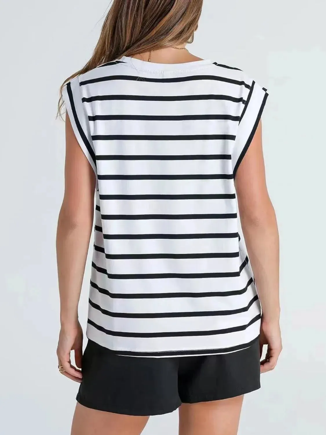Florira Striped Round Neck Cap Sleeve T-Shirt
