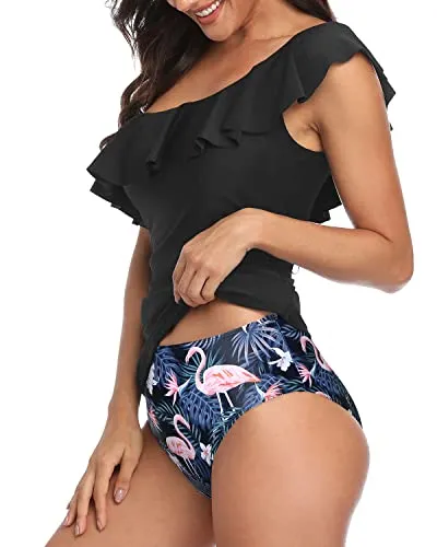 Flounce Trim Ruffle Tummy Control One Shoulder Tankini Swimsuits For Women-Black Flamingo