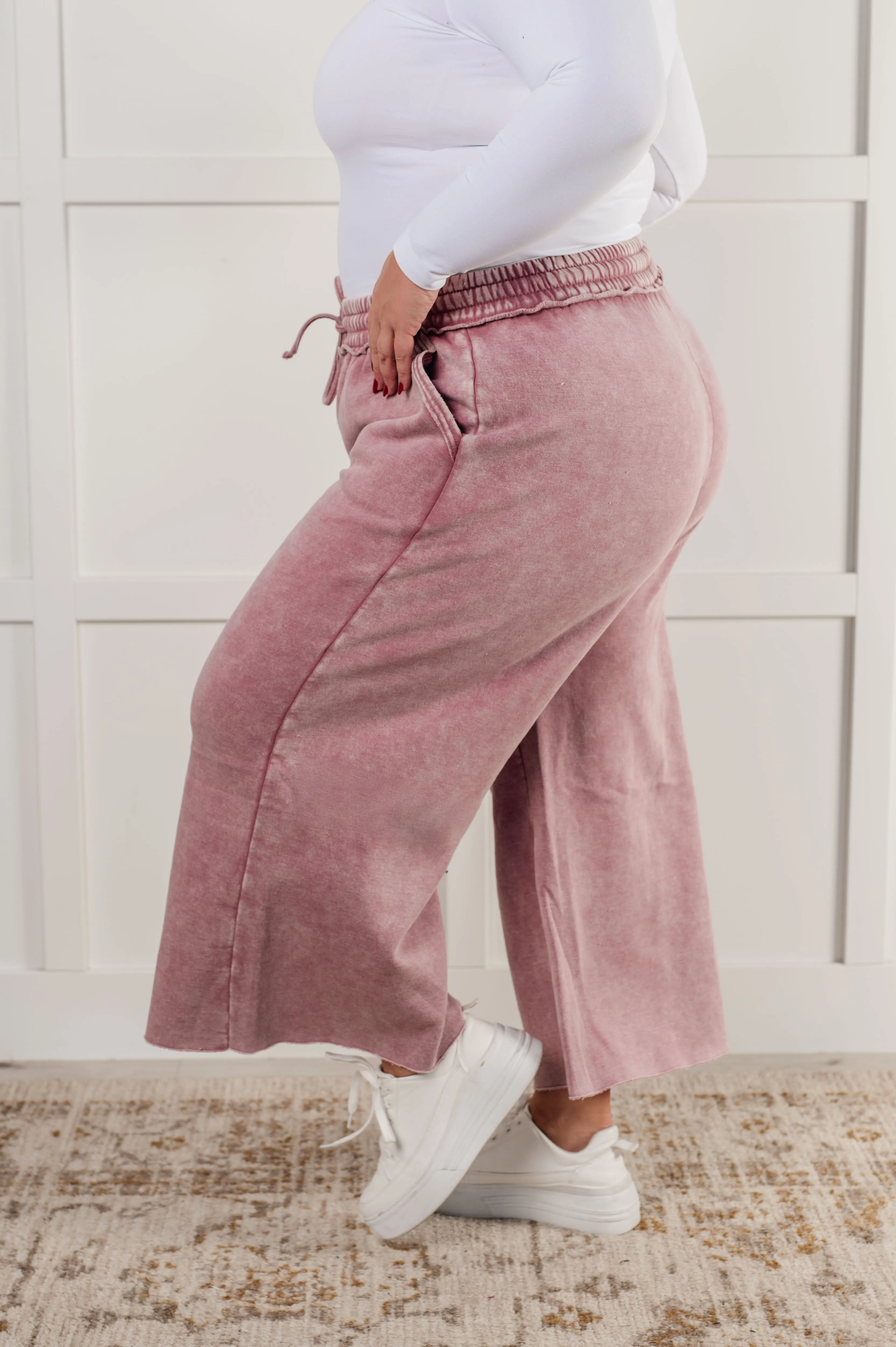 Free Time Soft Fleece Wide Leg Cropped Pants in Light Rose (Small to 3XL)