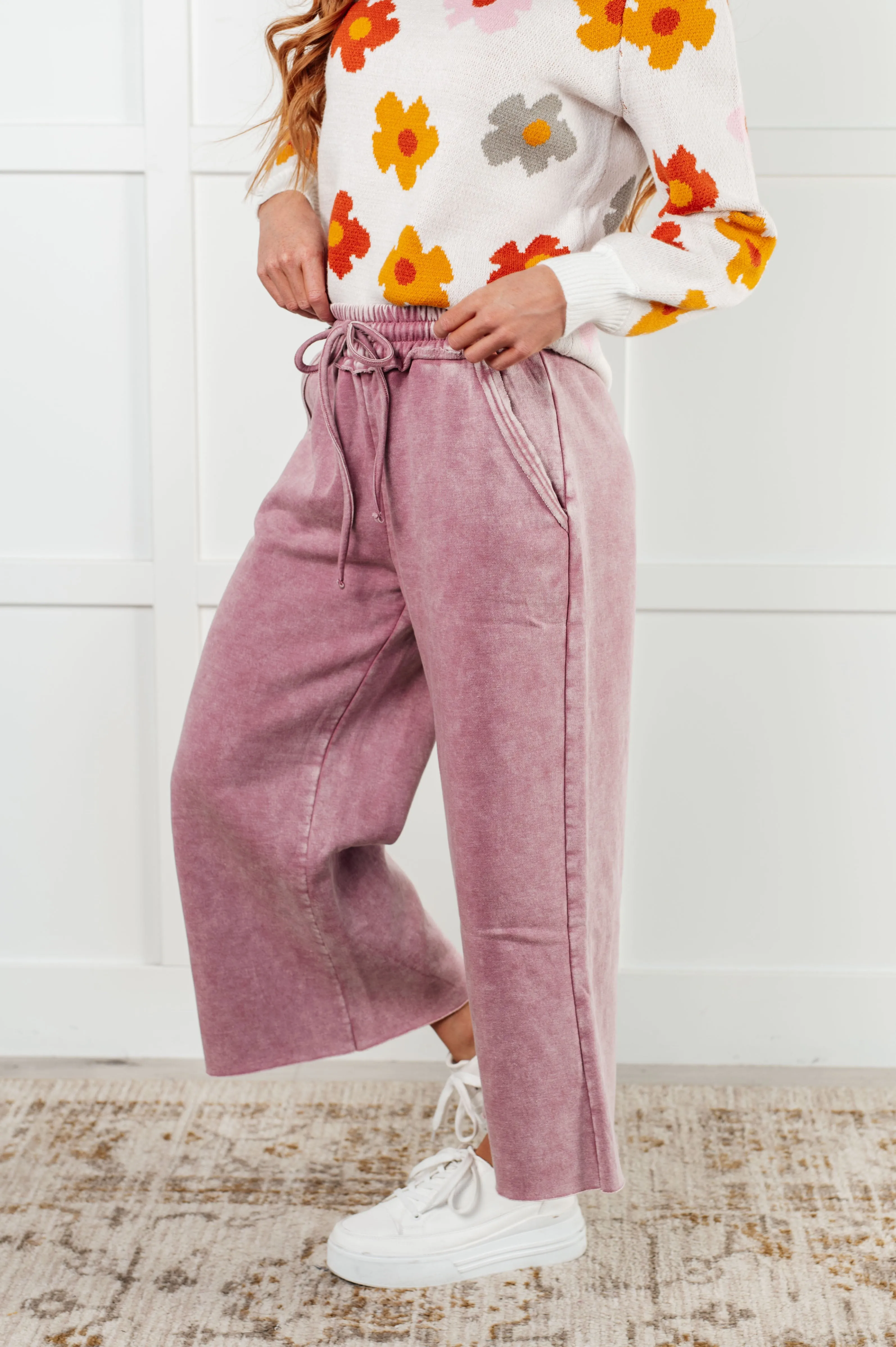 Free Time Soft Fleece Wide Leg Cropped Pants in Light Rose (Small to 3XL)
