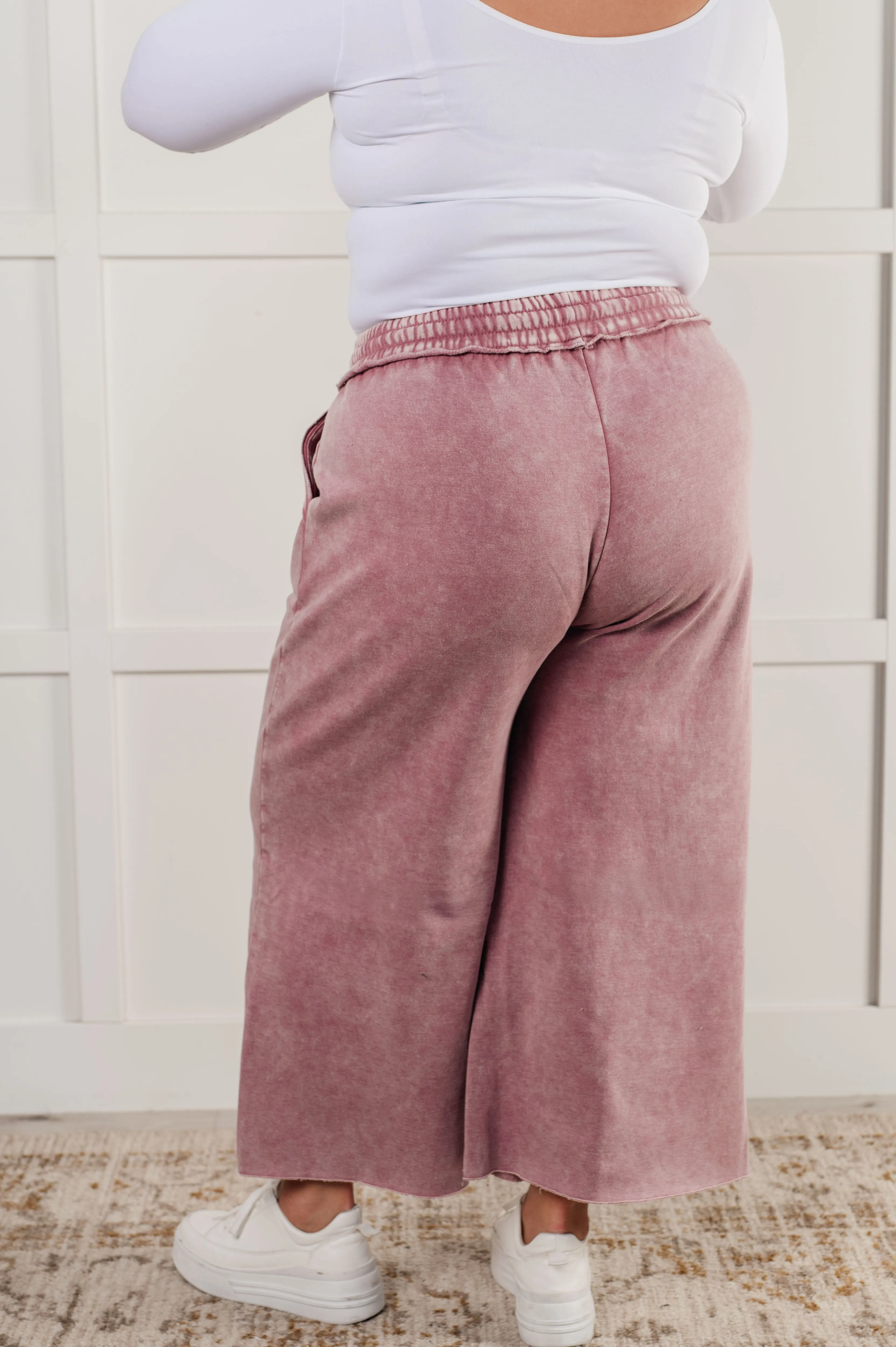 Free Time Soft Fleece Wide Leg Cropped Pants in Light Rose (Small to 3XL)