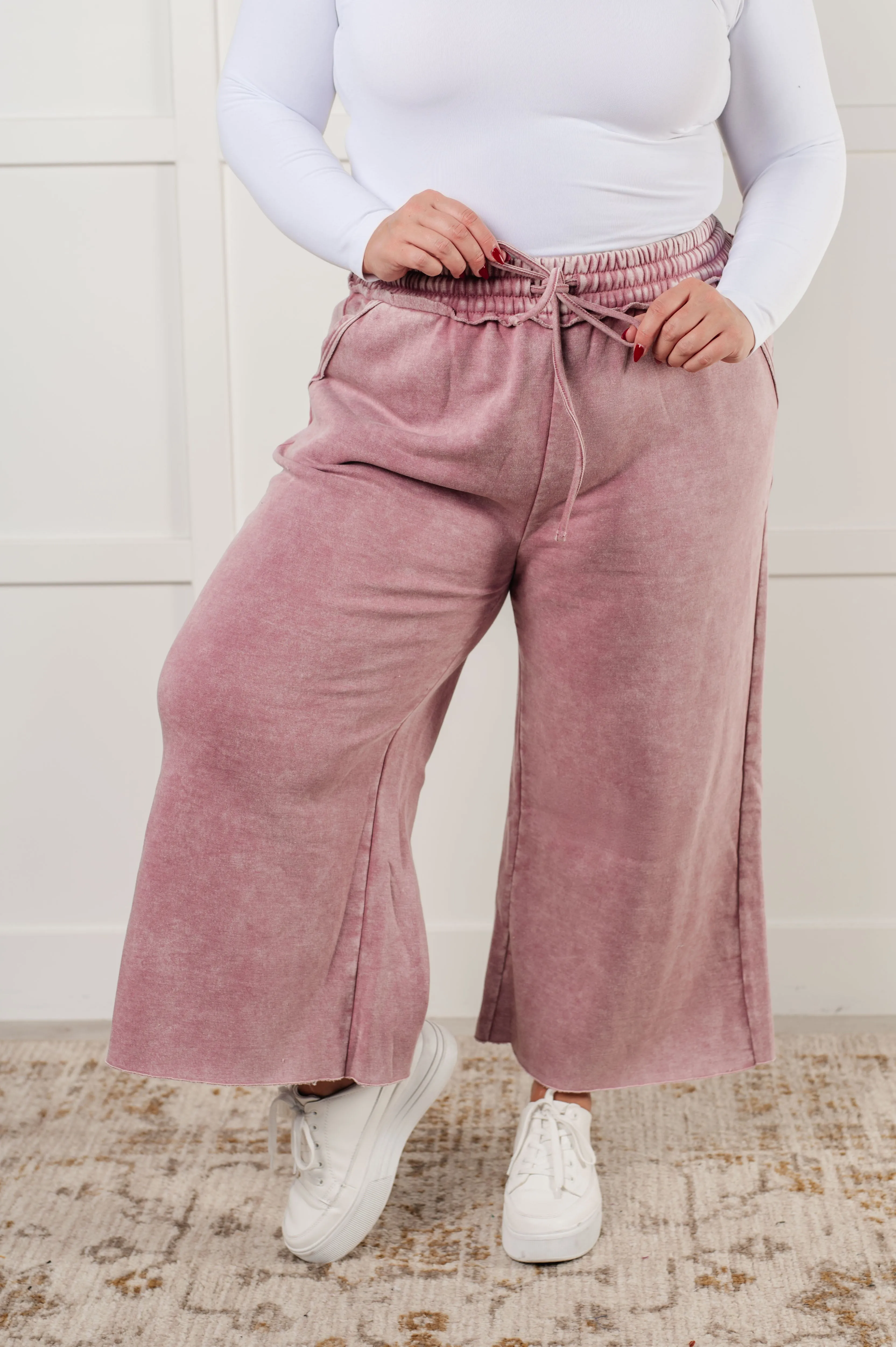 Free Time Soft Fleece Wide Leg Cropped Pants in Light Rose (Small to 3XL)