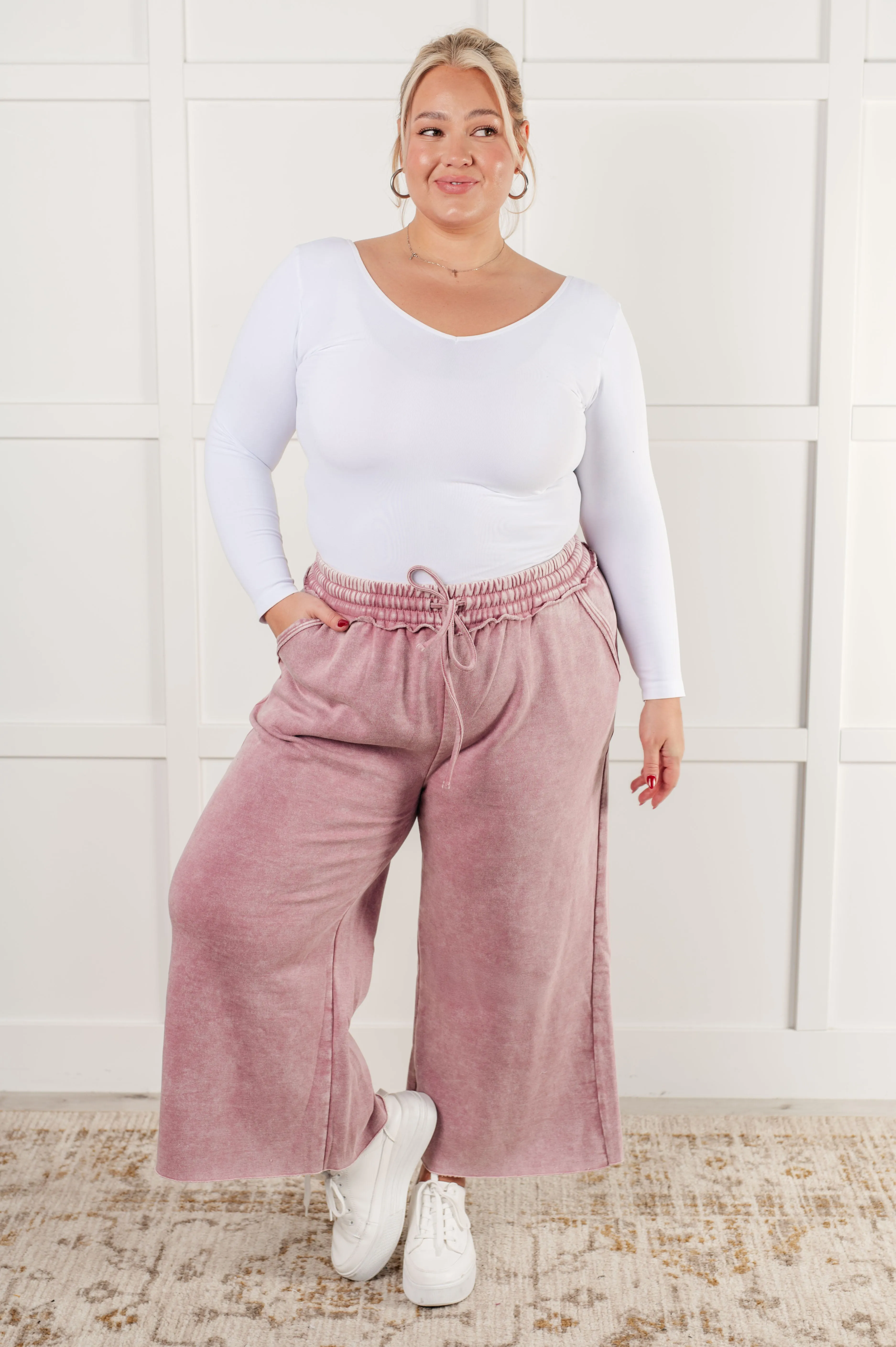 Free Time Soft Fleece Wide Leg Cropped Pants in Light Rose (Small to 3XL)