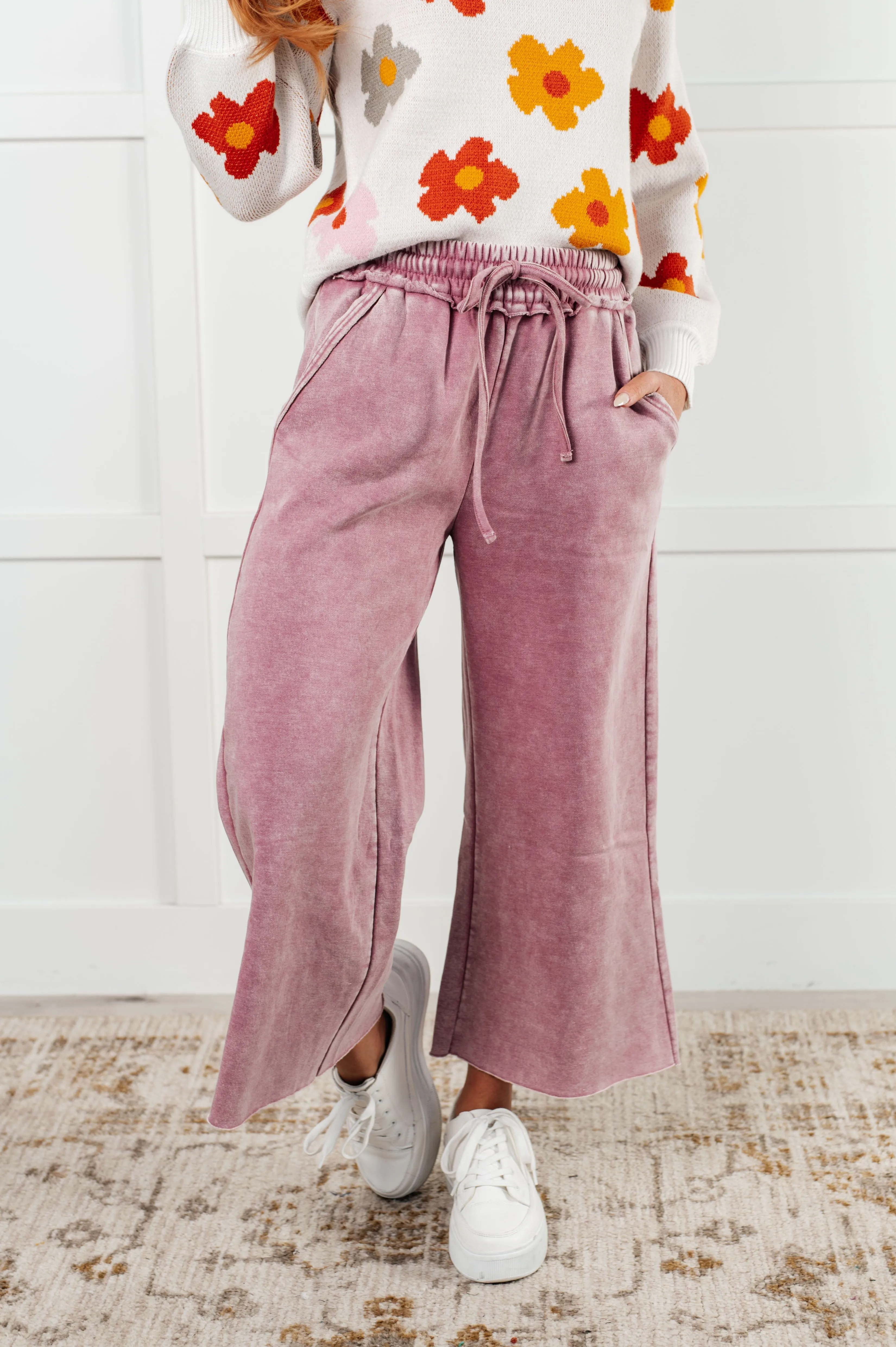 Free Time Soft Fleece Wide Leg Cropped Pants in Light Rose (Small to 3XL)