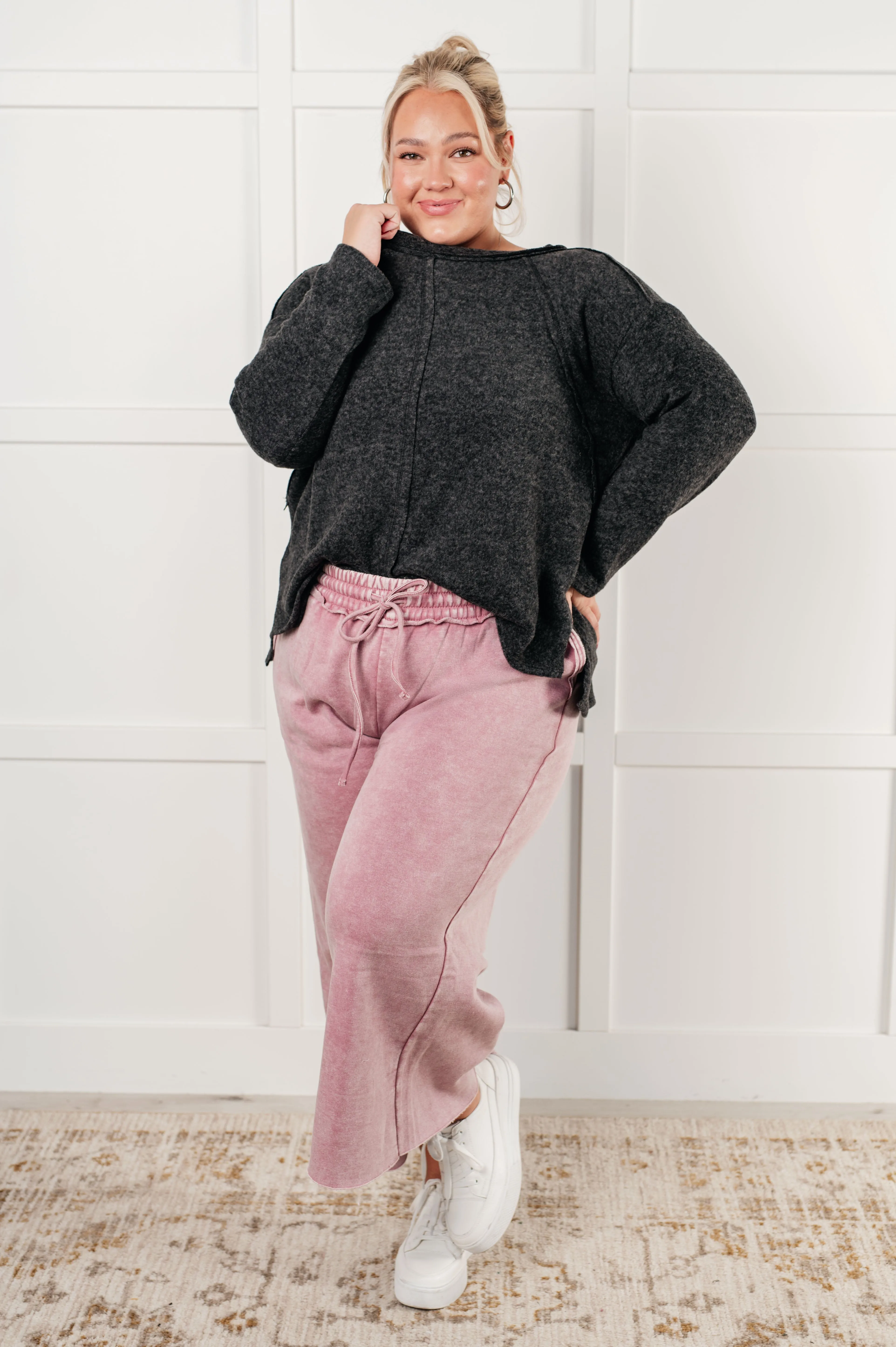 Free Time Soft Fleece Wide Leg Cropped Pants in Light Rose (Small to 3XL)