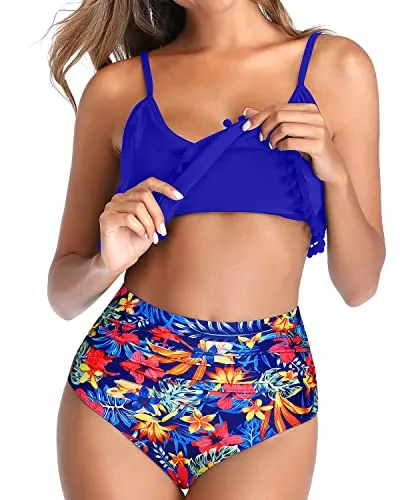 High Waisted Bikini Ruffle Swimsuit Bottoms Ruched High Rise Bottom-Royal Blue Floral