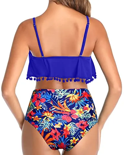 High Waisted Bikini Ruffle Swimsuit Bottoms Ruched High Rise Bottom-Royal Blue Floral