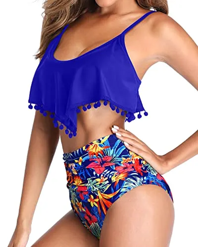 High Waisted Bikini Ruffle Swimsuit Bottoms Ruched High Rise Bottom-Royal Blue Floral