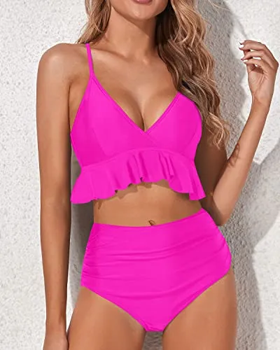 Honeymoon-Perfect Bikini Set Deep V Neck And Tummy Control-Neon Pink