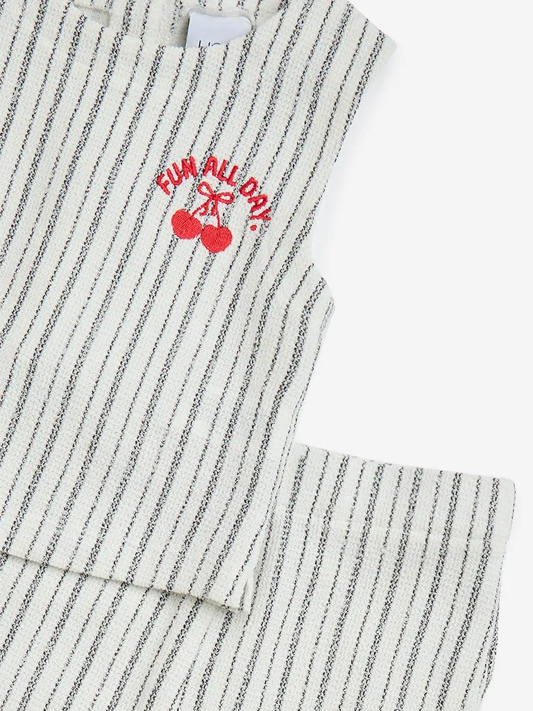 HOP Kids Off-White Striped Cotton-Blend Top with Pants Set