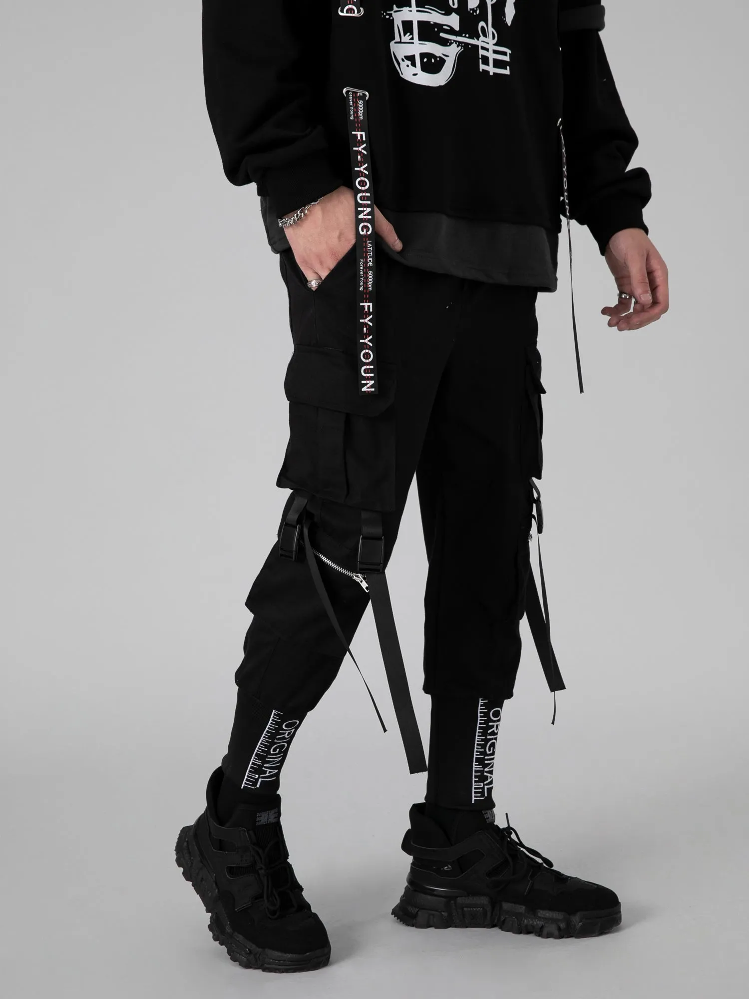 JUSTNOTAG Black Tight Strapped Jogger Pants