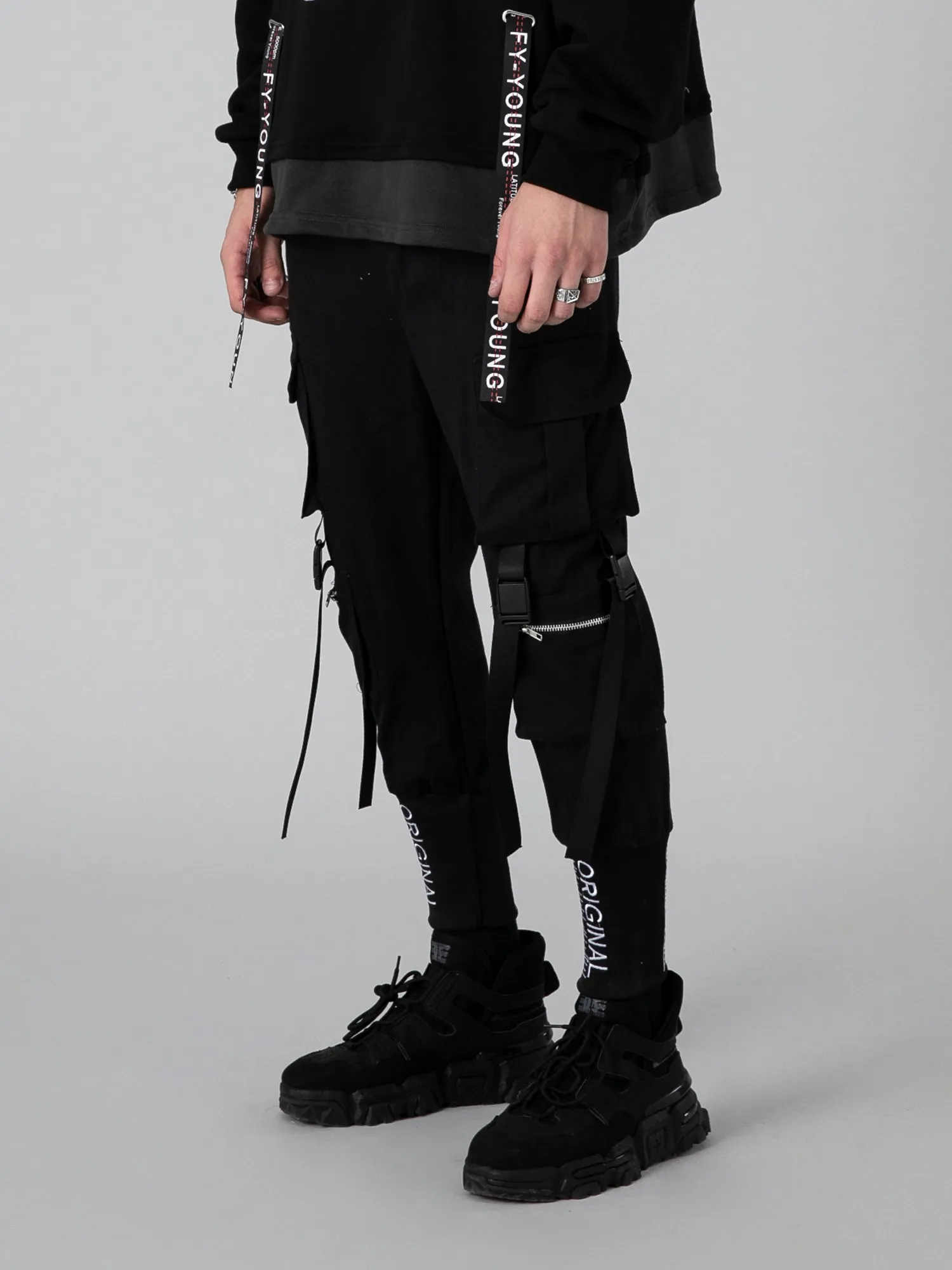 JUSTNOTAG Black Tight Strapped Jogger Pants