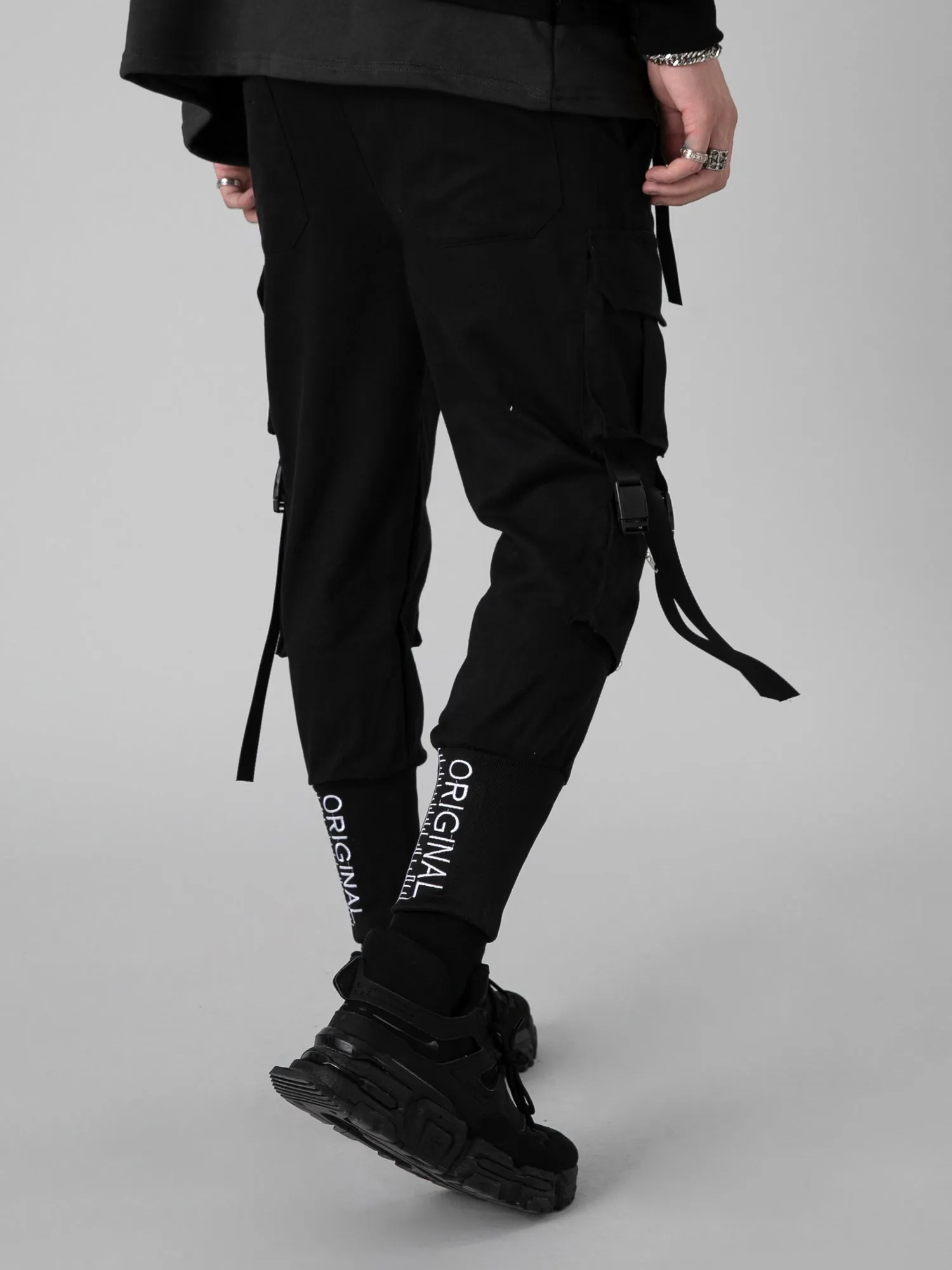 JUSTNOTAG Black Tight Strapped Jogger Pants